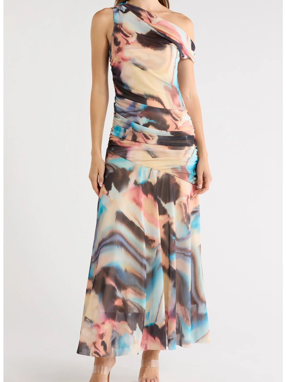 Steve Madden One-Shoulder Maxi Skirt in Blue, Pink, Cream & Brown Wash